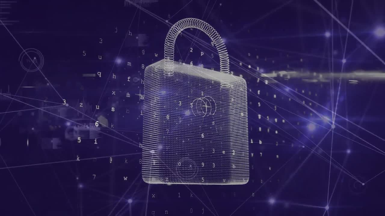Animation of network of connections and digital interface over padlock on blue background