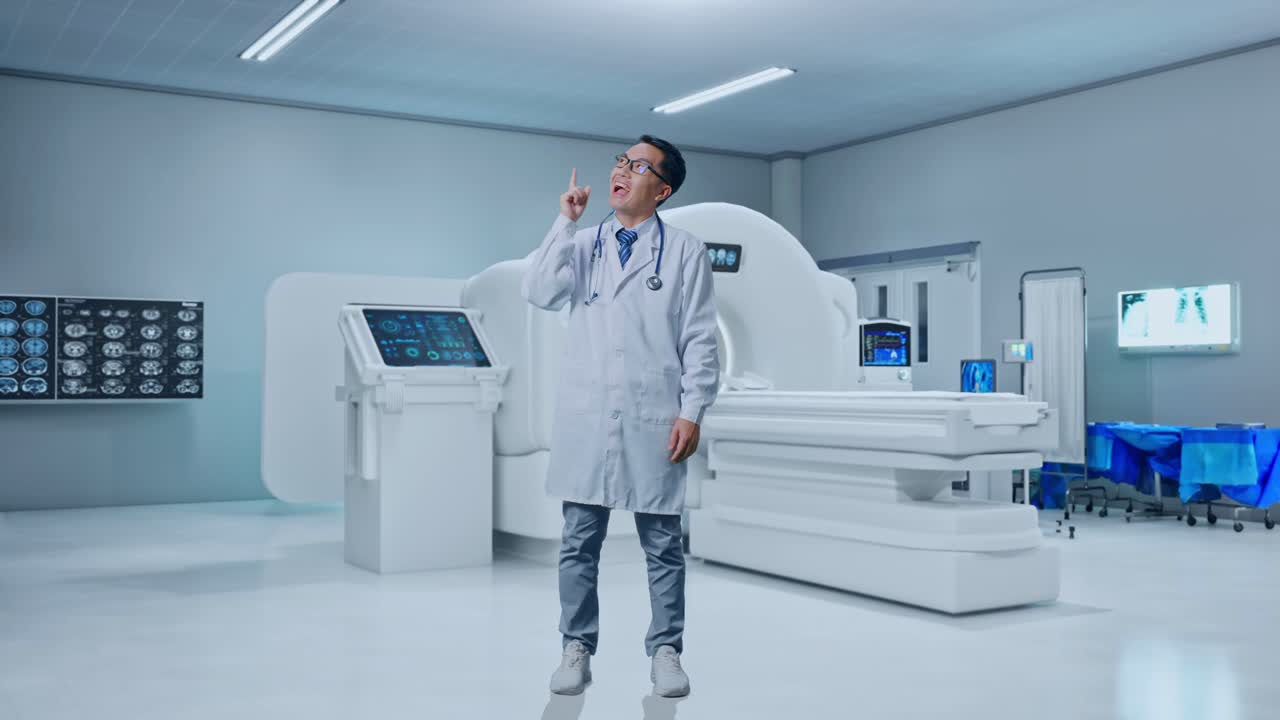 Full Body Of Asian Male Doctor Thinking About Something And Looking Around Then Raising His Index Finger With MRI Machine In The Hospital