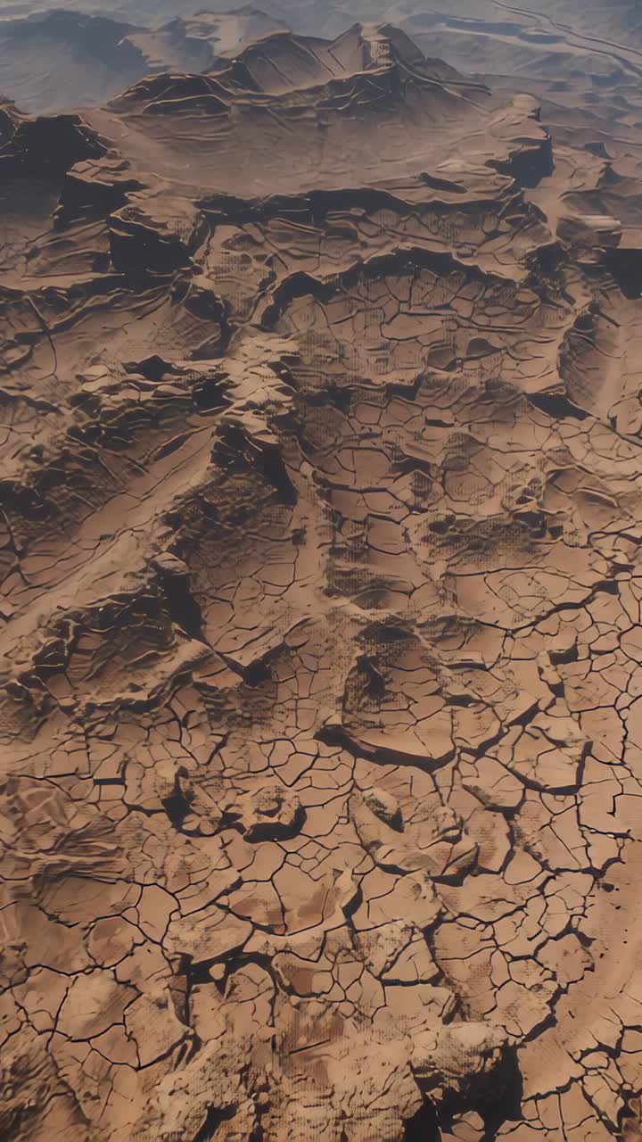 Video verticale: drone che scende rivelando crepe poligonali e mesas su un altopiano arido per il rilevamento