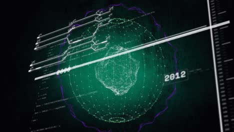 animation of computer language and lines over connected dots forming globes over abstract background