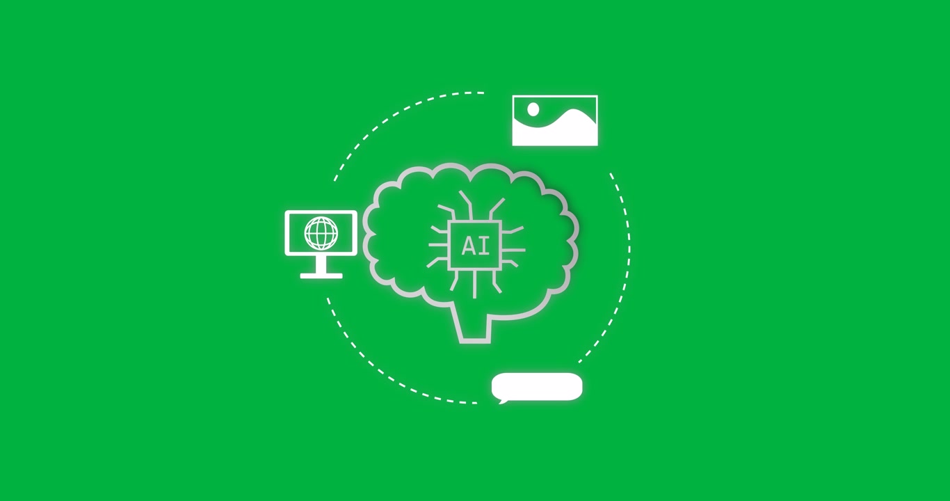 Animation of ai text, icons and data processing over transparent background