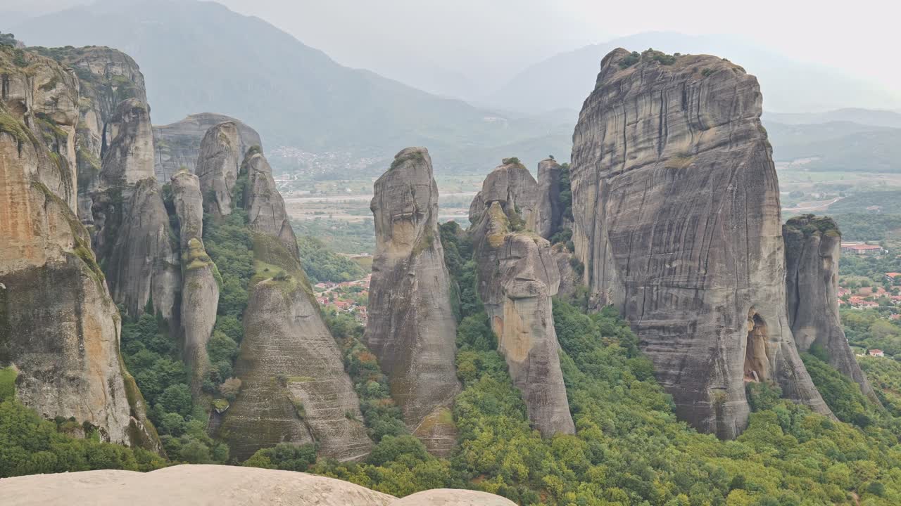 Vertical sandstone rock formation dramatic Meteora rugged landscape