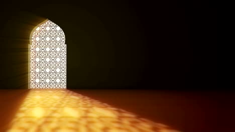islamic interior mosque window or door with beam of ray light coming inside . ramadan kareem islamic motion background. 3d animation.