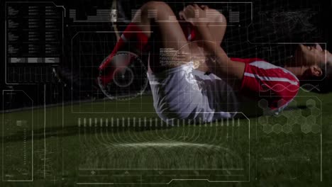 Animation-of-infographic-interface-over-injured-caucasian-soccer-player-in-pain-lying-on-field