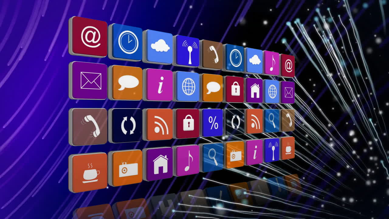 사각형, 불꽃놀이, 추상적인 배경 위에 원형으로 움직이는 선의 아이콘 애니메이션