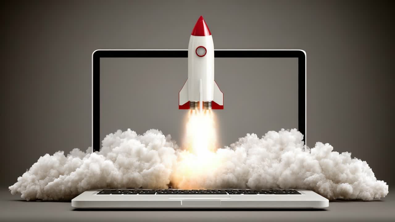 A Creative Exploration of Innovation and Technology, Featuring a Rocket Launching from a Laptop Screen Surrounded by Clouds, Symbolizing Advancements and Future Potential