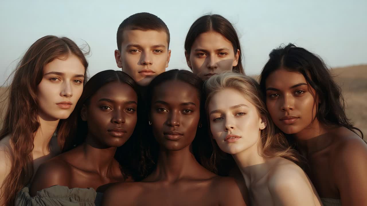 Grupo de 7 modelos posando para foto, câmera gravando, leves inclinações e piscadas em colina com blusas neutras