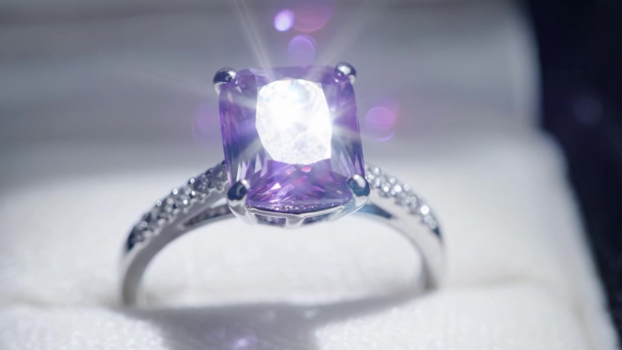 Uno splendido anello con gemma viola e dettagli intricati esposto elegantemente in un cofanetto portagioie, che ne mette in mostra l'eccezionale bellezza e maestria artigianale.