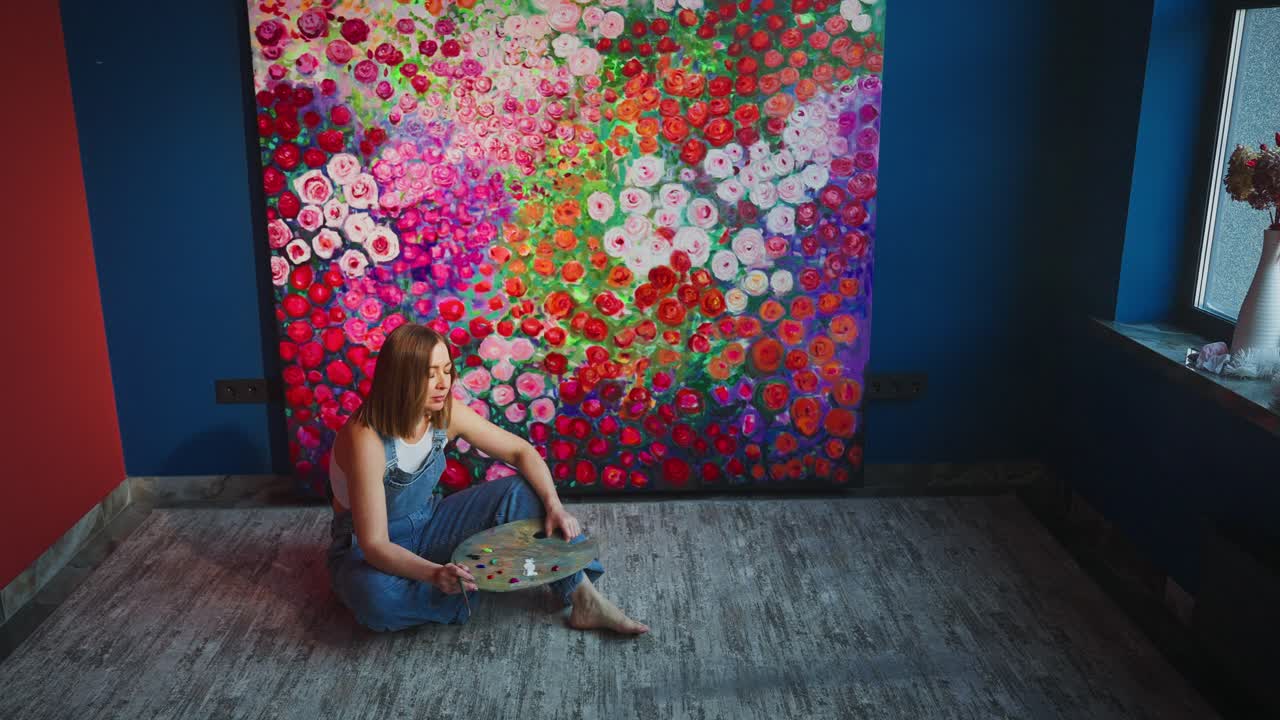 Kvindelig kunstner sidder på gulvet og betragter et stort blomstermaleri