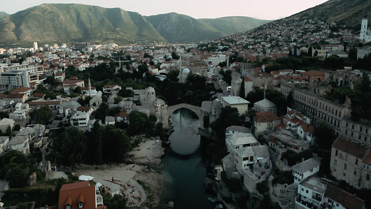 Drone footage of Mostar, Bosnia, during blue hour early in the morning
