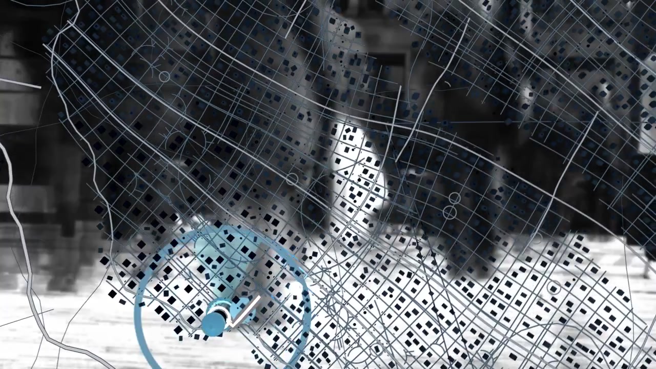 Pulsing blue target marker emitting ring, expanding scans, tracing route and showing route on map