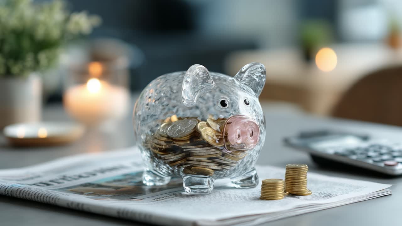 A Glass Piggy Bank Filled with Coins on a Table Surrounded by Soft Lighting and a Calculator, Representing Savings and Financial Management