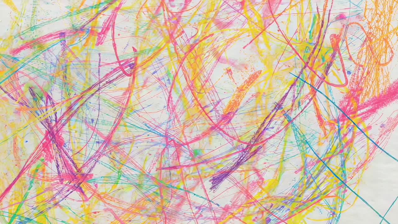 Starting from blank paper surface, colored scribbles evolving, shifting hues and intensifying color