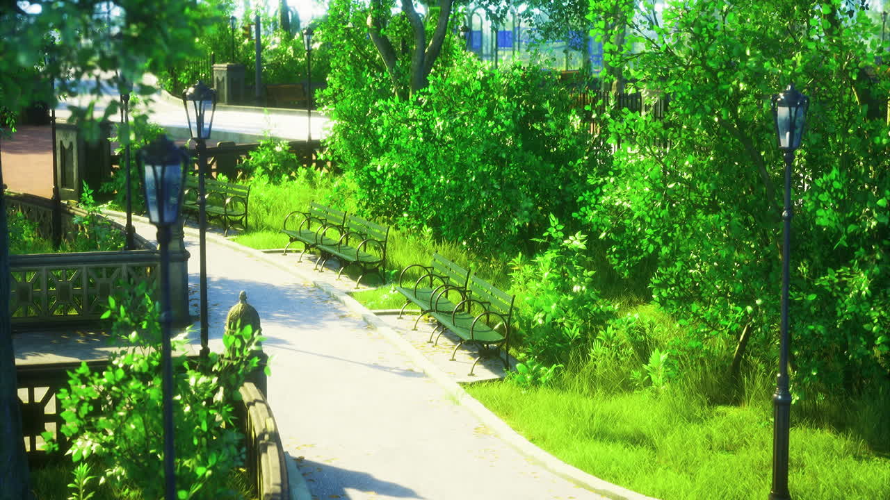 Lush green park with benches under clear blue sky on a sunny day