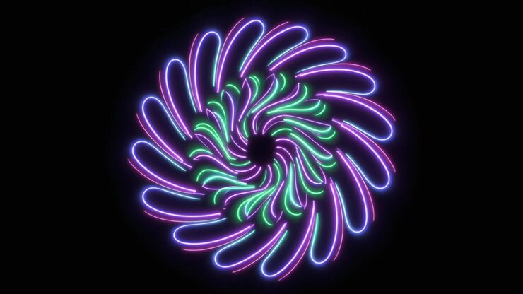 Animação Abstrata de Flor Neon Brilhante em Fundo Preto