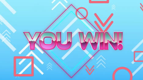 animation of you win text and shapes on blue background