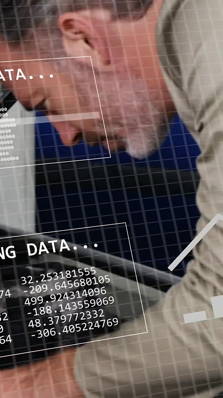 Vertical video: Diagnostics appearing, mechanic leaning into blue car engine, collecting data logs