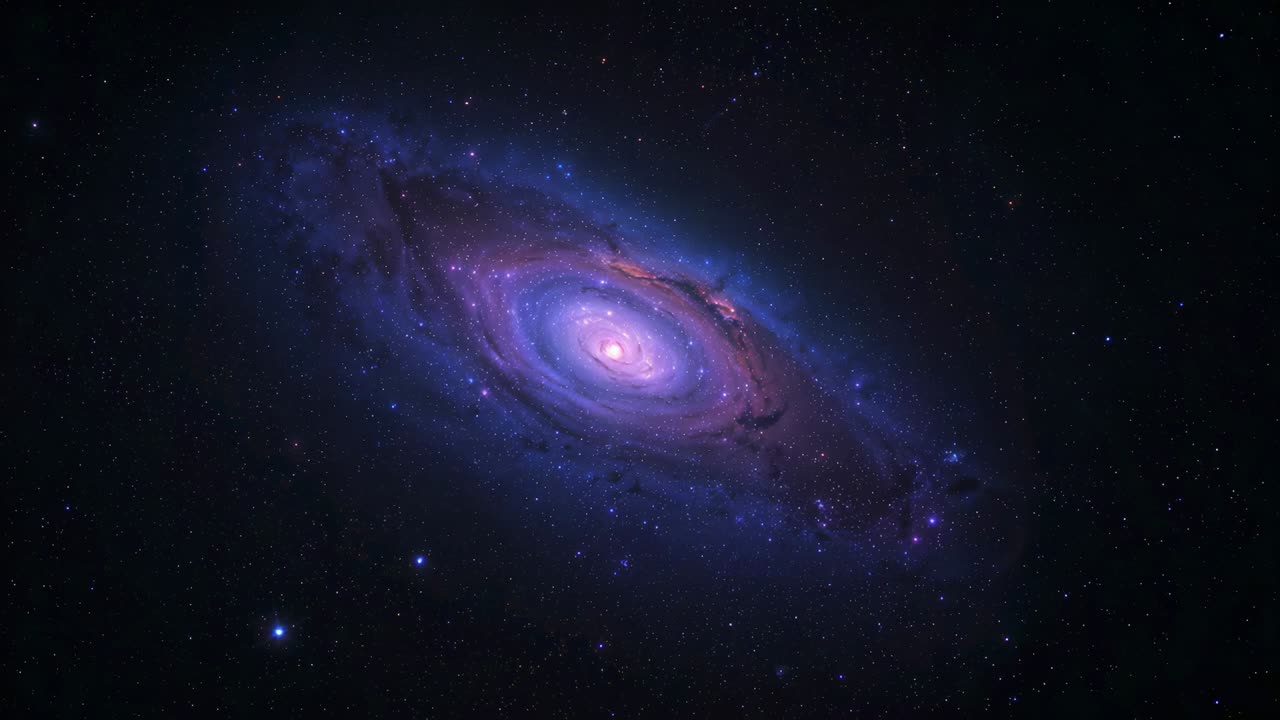 Rotating tilted spiral galaxy shifting via pan or spin in deep space, with pink core and dust-lane