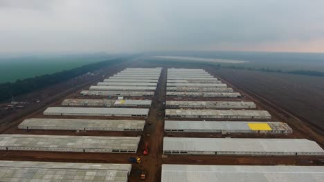 new agricultural farm building. a modern enterprise for workshops and incubators. flying over the animal farm.