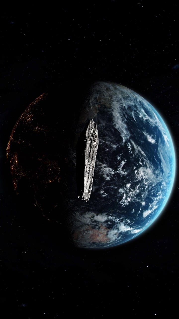 Video verticale dell'asteroide Oumuamua, cometa interstellare visitatrice del Sistema Solare che passa vicino al Pianeta Terra. Animazione spaziale scientifica 3D.