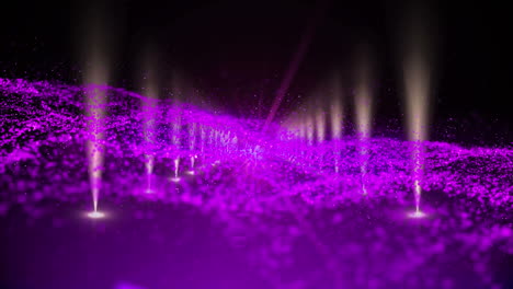 animación de partículas púrpuras que se mueven sobre la alfombra roja con filas de iluminación ascendente desde el suelo