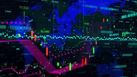 animation of financial data processing over world map against black background