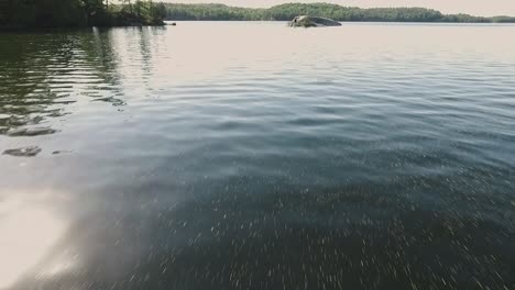 aerial drone shot flying low and fast over a lake and then over a man who dives into the water