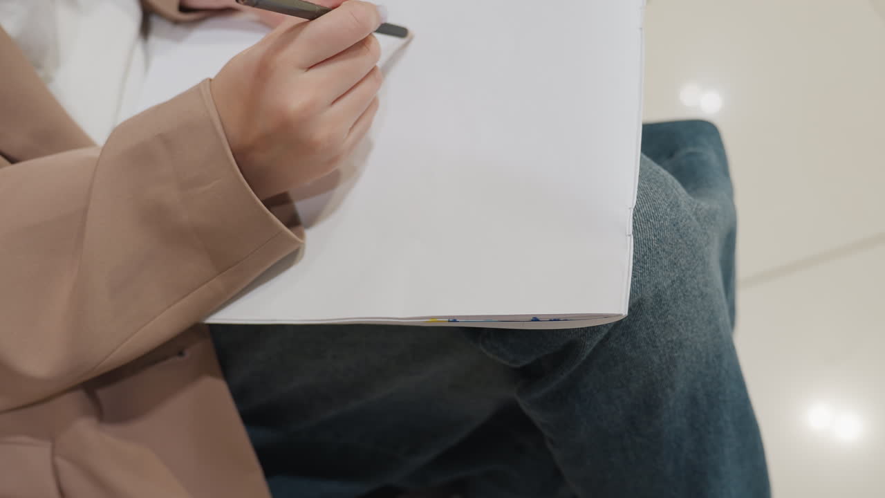 무릎과 무릎 위에 놓인 메모장 클로즈업 샷, 학생이 잠시 쇼핑몰에서 쉬는 동안 아이디어를 쓰고 스케치하는 모습, 데님 청바지, 뉴트럴 코트 소매, 집중된 손 움직임과 종이 질감이 보임