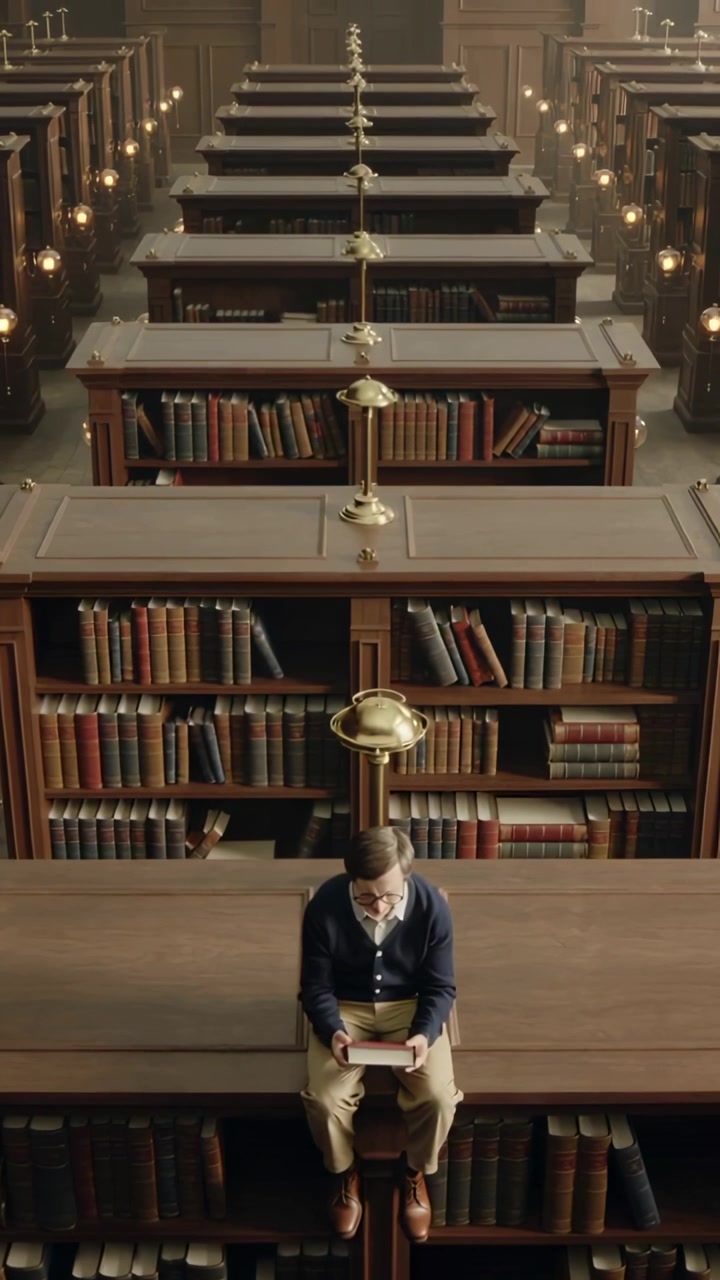 Vertical video: Opening book, man studying, turning pages in library with brass lamps, navy sweater