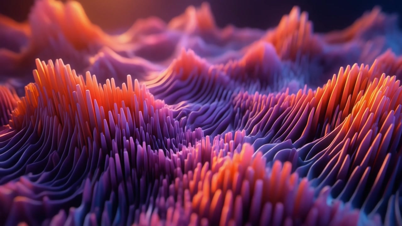 Abstract 3D Wave Motion with Vibrant Orange and Purple Lighting