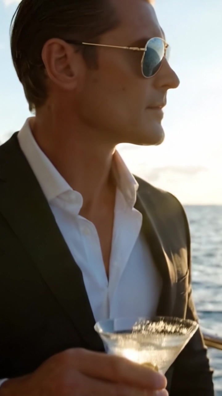 Elegancia Sofisticada: Un Hombre con Estilo Disfruta de un Cóctel Refrescante al Atardecer en un Yate Lujoso con Vistas a un Hermoso Océano