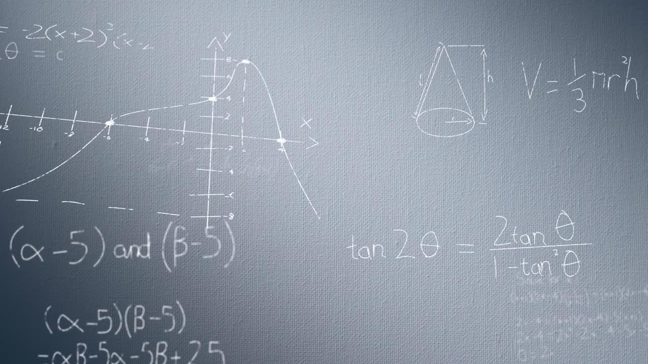 animación de ecuaciones matemáticas y diagramas contra un fondo azul.