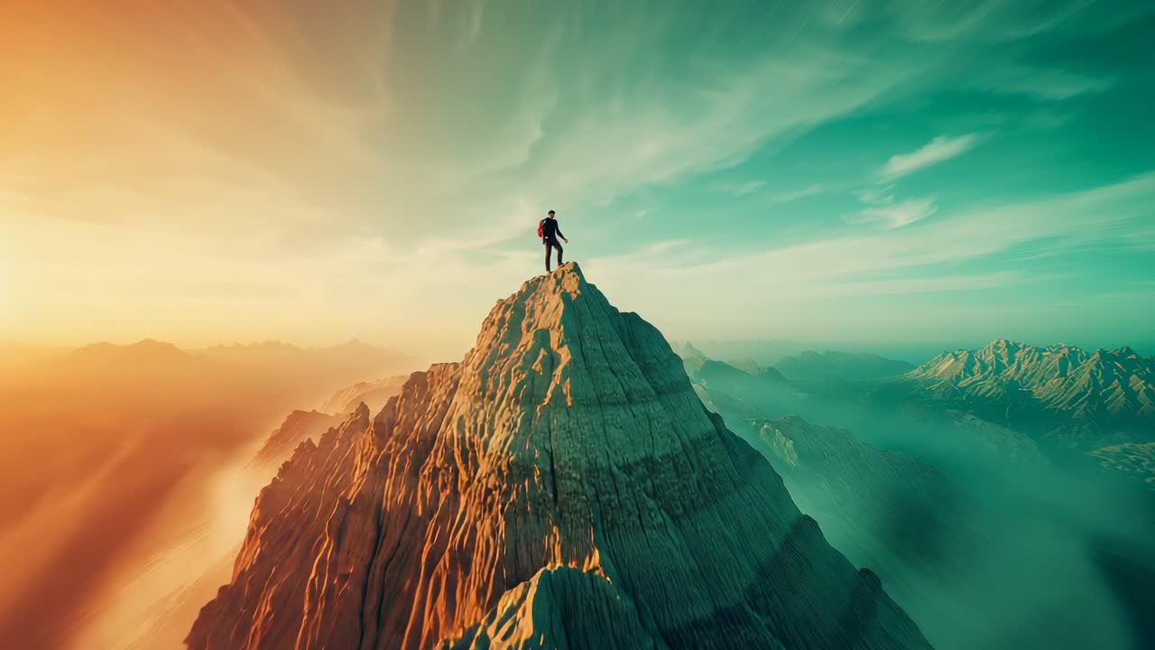 Scanning mountaineer in red jacket with backpack on summit at sunrise, being guided by golden light