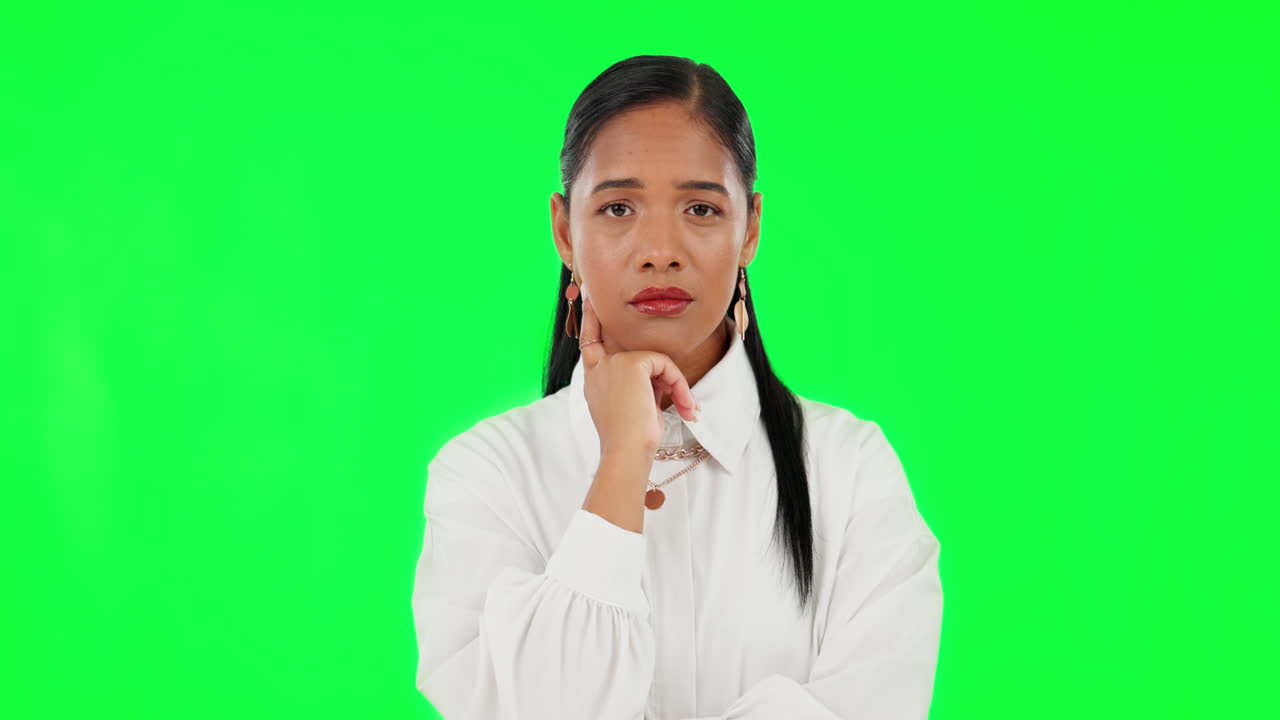 Face, green screen and thinking with business
