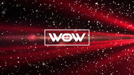 Animation-of-wow-text-over-red-lights-and-snow-flakes-on-black-background