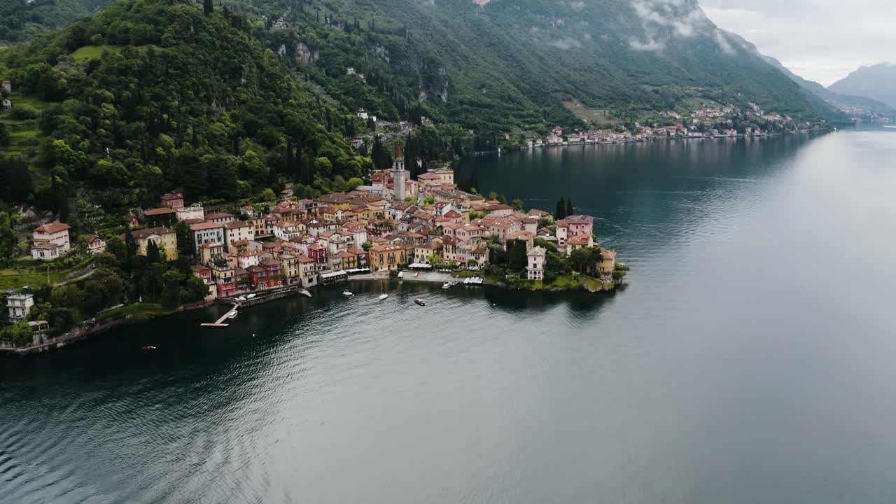 Drone shot of the town of Varenna on Italy's Lake Como
