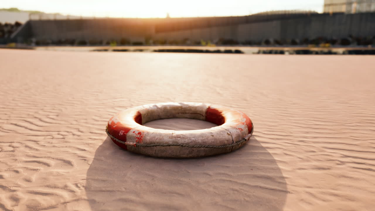 una boya de vida solitaria en una playa de arena al atardecer