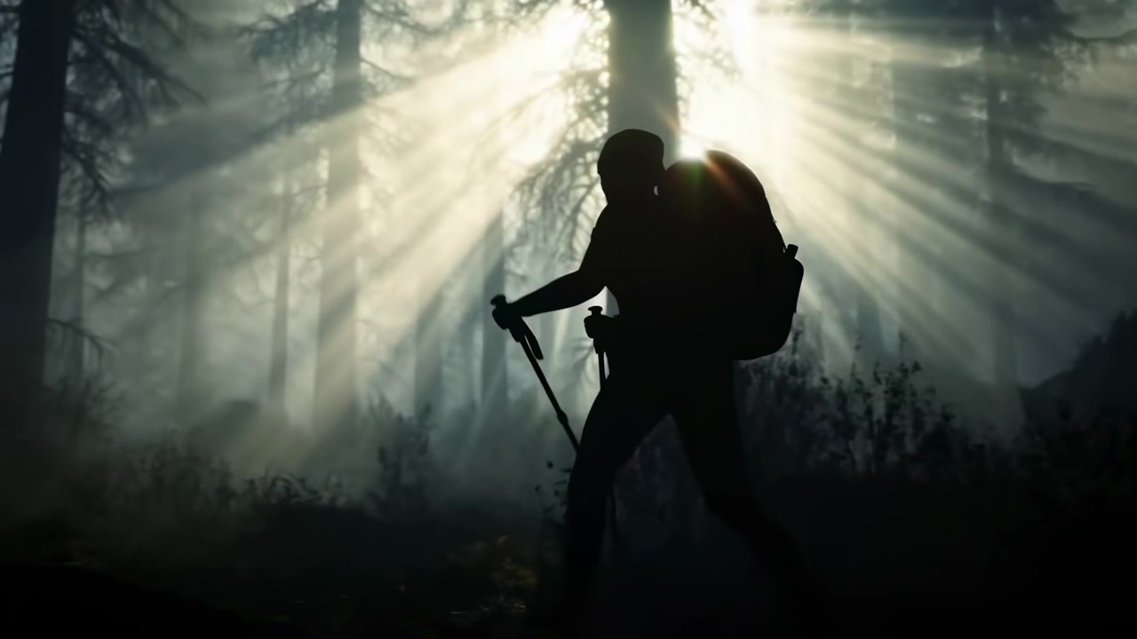 A lone hiker with a large backpack stands among tall pine trees in a foggy forest, holding a trekking pole as sunbeams stream through the haze and create a