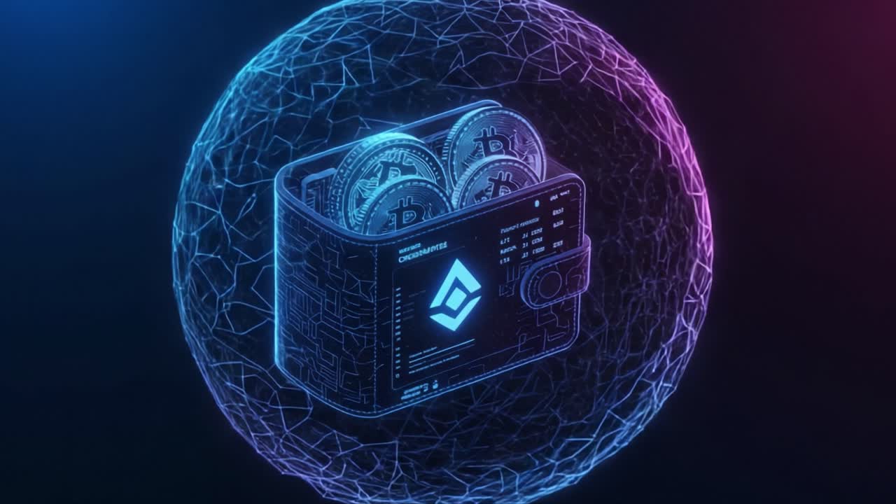 A High-Tech Cryptocurrency Wallet Showcasing Digital Coins with Cutting-Edge Technology in a Futuristic Networked Sphere Design