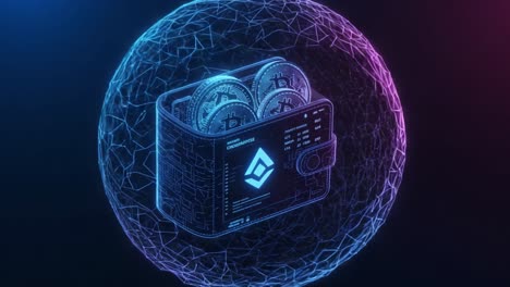 a high-tech cryptocurrency wallet showcasing digital coins with cutting-edge technology in a futuristic networked sphere design