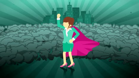 superhero standing on city background. near a cloud of dust. business woman symbol. leadership and achievement concept. comic loop animation.