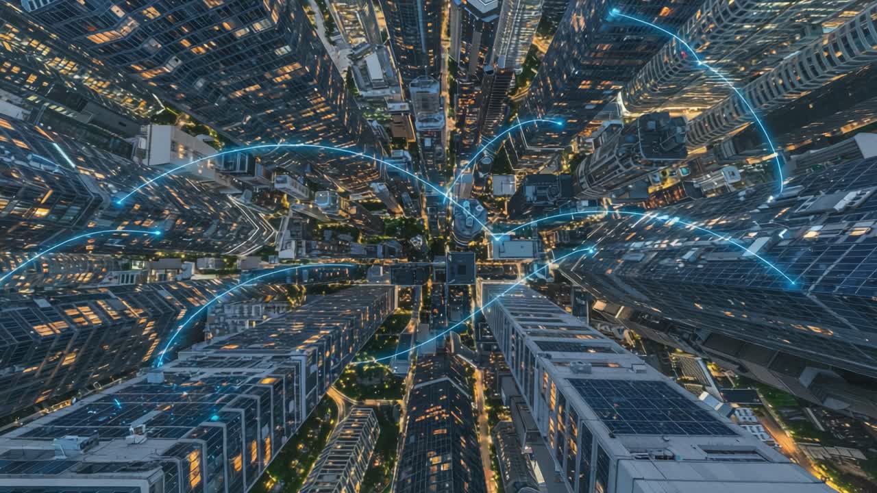 Vista aerea di paesaggio urbano con grattacieli illuminati e sovrapposizioni di connettività digitale, che mostra la vita moderna della città e i progressi tecnologici nell'architettura