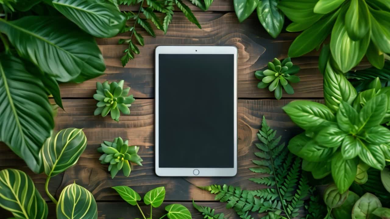 Tablet surrounded by lush green plants on a wooden table