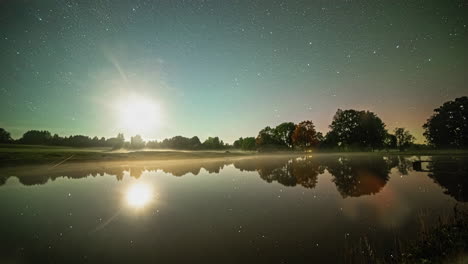 lapso de tiempo de la puesta del sol y las estrellas en el cielo estrellado que se refleja sobre la superficie del agua del lago al atardecer