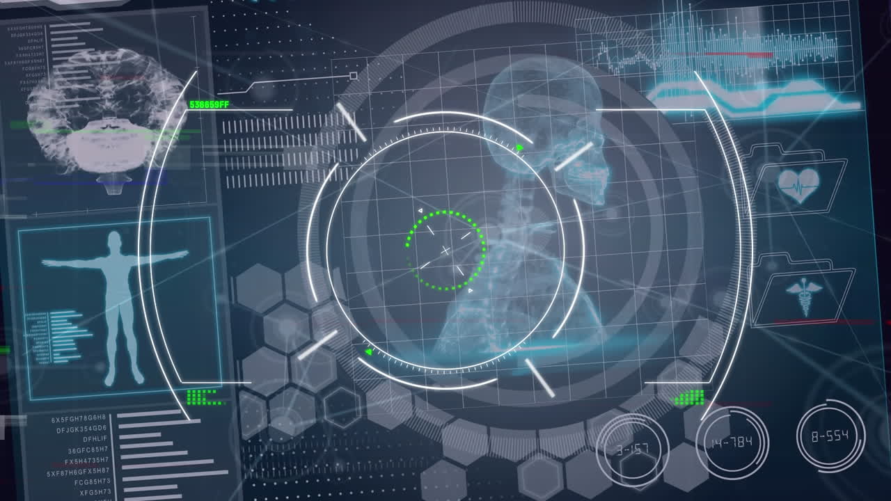 animación del procesamiento de datos y escaneo de alcance sobre iconos y formas científicas.