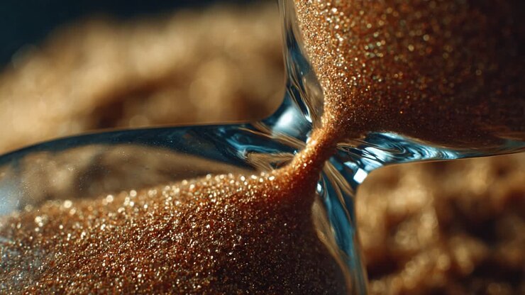 A Close-Up View of an Elegant Glass Hourglass as Granular Sand Flows Through, Symbolizing the Passage of Time in an Artistic Perspective