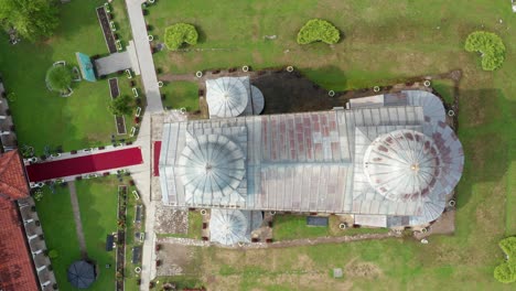 Aerial-Top-View-Of-The-Ancient-Roofing-Of-Mileseva-Monastery-In-Serbia---aerial-drone-shot