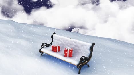 Animation-of-snow-falling-over-bench-with-two-red-christmas-presents-on-it