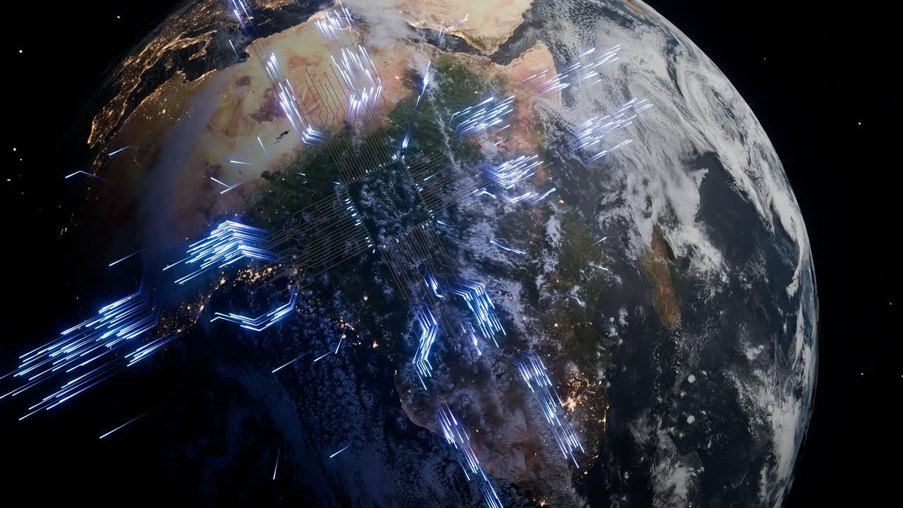 Planet Earth with visible Central and West Africa at night and glowing blue digital circuit arrows in outer space. 3D render symbolizing global data transmission, cyber communication