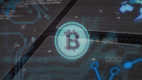 Símbolo-De-Bitcoin-Y-Animación-De-Placa-De-Circuito-Digital-Sobre-Datos-Financieros